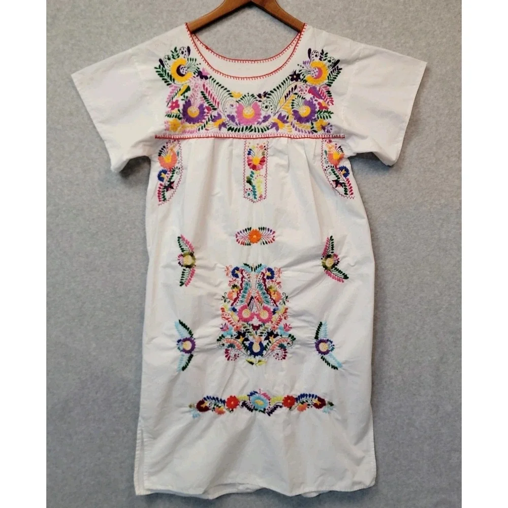 Handmade Embroidered Dress Traditional Mexican‎ Style Bohemian Floral Women's M